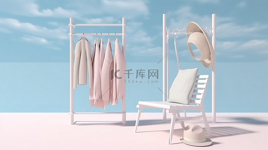 户外场景的创意 3D 渲染，配有柔和的白色椅子和带衣架的白色架子