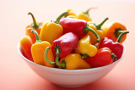 白碗里放一些颜色鲜艳的红色和黄色辣椒