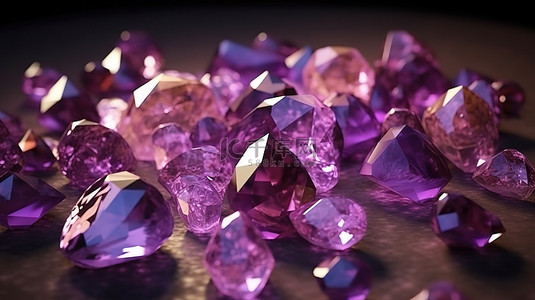 各种形状和令人惊叹的紫色色调的紫水晶宝石的 3D 渲染