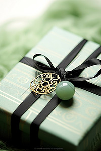黑色丝带背景图片_一个带有两个绿色环和一条黑色丝带的礼品盒