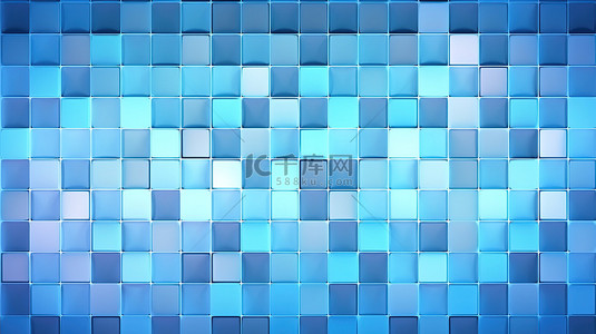 3D 渲染的方形网格图案与现代渐变蓝色配色方案的墙壁艺术背景