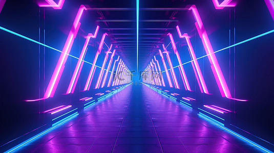 发光隧道中的辐射霓虹箭头与蓝色灯 3D 渲染