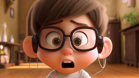 3D电影院里戴着眼镜的搞笑孩子拉扯耳朵