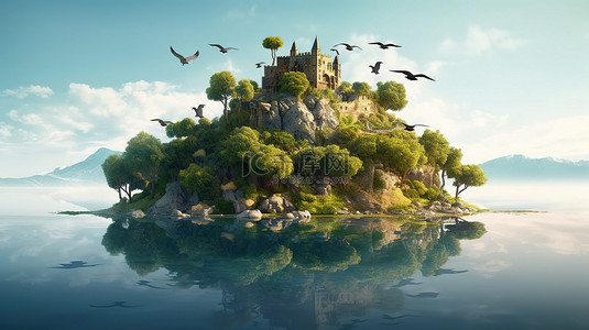 绿色岛屿的 3D 插图，岛上有一座古老的城堡，周围的湖中倒映着鸟语花香的天空