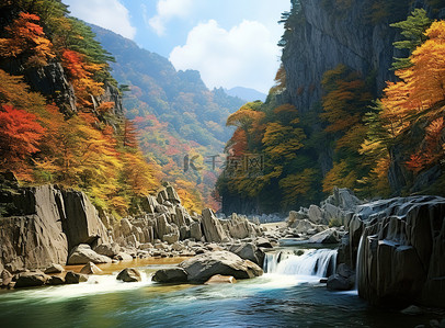 日本的河流和峡谷与秋天的自然