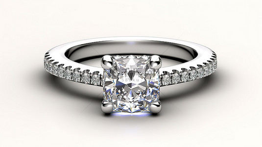 带有垫形切割中心钻石密镶宝石和大教堂戒圈的订婚戒指的 3D 渲染