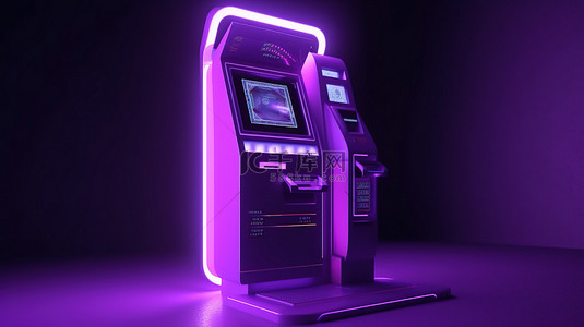 具有汇款和支付功能的紫色 atm 概念的简约 3D 渲染