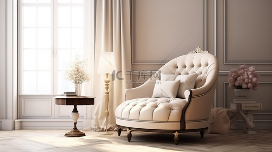 mbe风格床背景图片_经典风格的卧室配有木质和柔软的元素，配有豪华扶手椅 3D 渲染