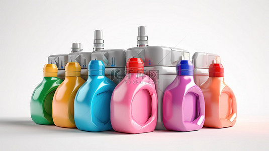 肥皂洗衣背景图片_白色背景上带有彩色洗涤剂瓶的现代洗衣机的 3D 渲染