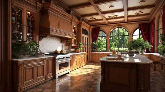 传统厨房背景图片_传统厨房中华丽的橡木橱柜，3D 渲染