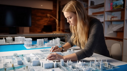 女表背景图片_手中的蓝图白人女建筑师检查 3D 打印的建筑模型