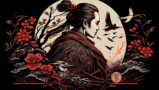 武士插画背景图片_武士花卉插画背景