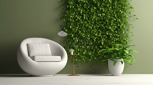 当代室内装饰的 3D 渲染，配有白色扶手椅和盆栽绿色植物，衬托出充满活力的绿色背景墙