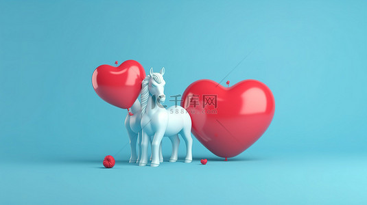 蓝色背景下红心独角兽和情人节的简约现代爱情符号 3D 渲染