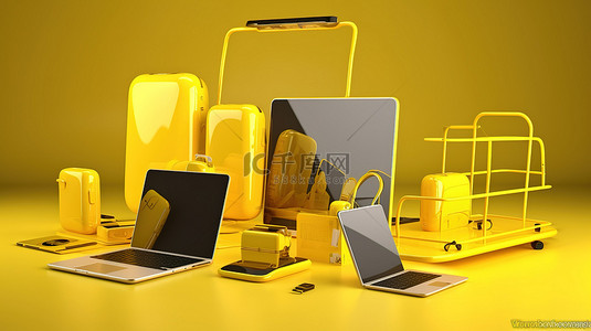 跨设备背景图片_黄色 3d 渲染响应式设计，用于跨移动笔记本电脑和计算机设备的在线购物