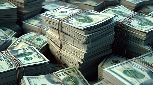 一堆钞票背景图片_3D 插图中的一堆百元大钞