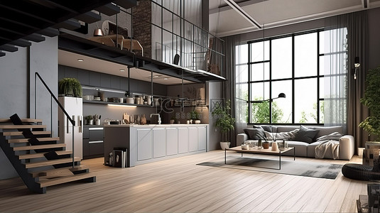 3d 渲染室内场景与现代设计的夹层客厅卧室和厨房
