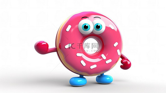 健身食物背景图片_白色背景的 3D 渲染，带有蓝色健身追踪器和大草莓粉色釉面甜甜圈角色吉祥物