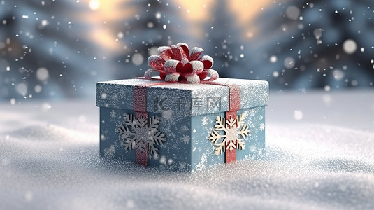 雪地背景下圣诞礼物盒的 3D 渲染