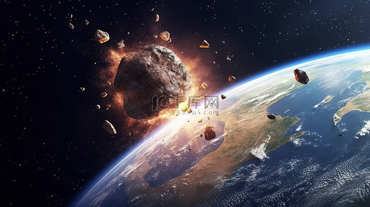 星球碰撞背景图片_天文碰撞陨石接近地球上的非洲 3d 渲染