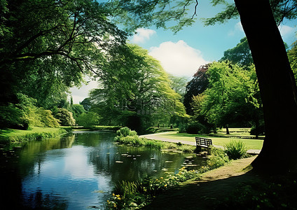 草地小湖背景图片_一条穿过公园的水道，有树木和小长凳