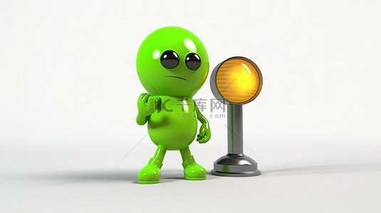 信号发射背景图片_带有交通绿灯和白色背景上的人物角色的金奖奖杯吉祥物的 3D 渲染