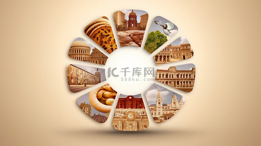 罗马建筑背景背景图片_引人注目的 3D 圆圈中的罗马标志性美食和建筑
