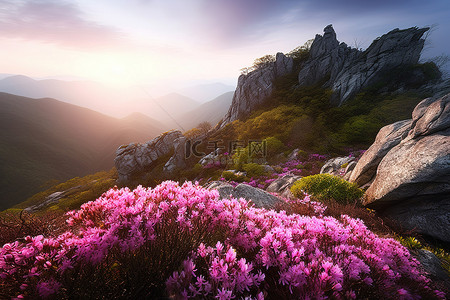 康津郡背景图片_日出时，粉红色的花朵在山上的悬崖上绽放