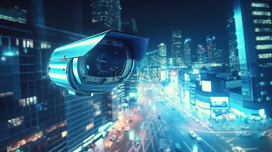 夜间城市监控 3D 渲染闭路电视摄像机监控街道