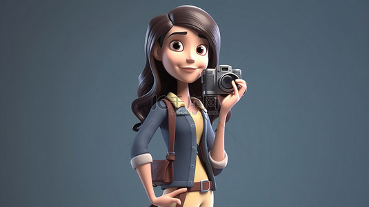 卡通女人捕捉瞬间 3D 渲染的女摄影师用相机的插图