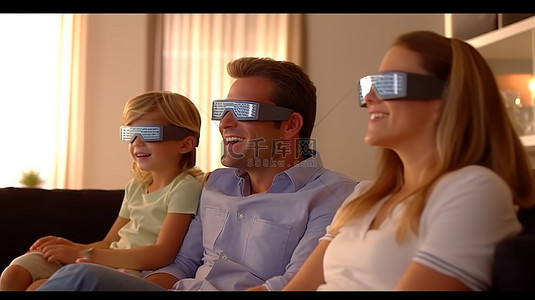 儿童一起背景图片_一家人一起欣赏 3D 电视，分享由衷的笑声
