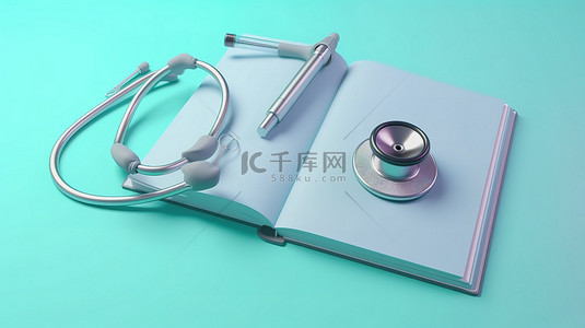 医生听诊器背景图片_柔和的蓝色背景，带有 3D 渲染笔记事本和医用听诊器