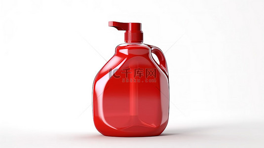 白色背景的 3D 渲染，带有红色塑料洗涤剂容器瓶，带有适合您设计的空白空间标签