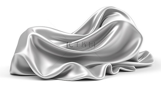 3d 渲染的波浪闪亮布银色抽象织物在白色背景上飞行