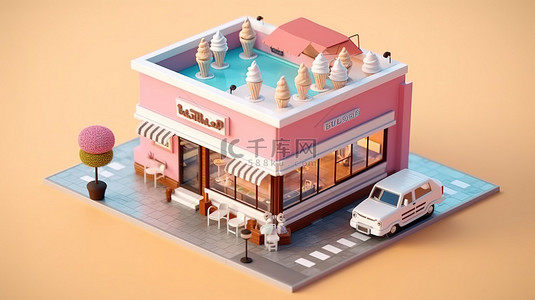 小型店铺背景图片_当代冰淇淋咖啡馆和集装箱商店等距视图中的外部建筑 3D 渲染数字艺术