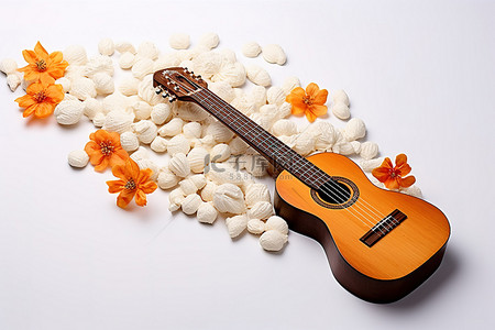 白色背景上有米和橙叶的尤克里里吉他