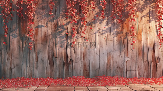 日落海滩，红花和桉树树皮墙 3d 渲染