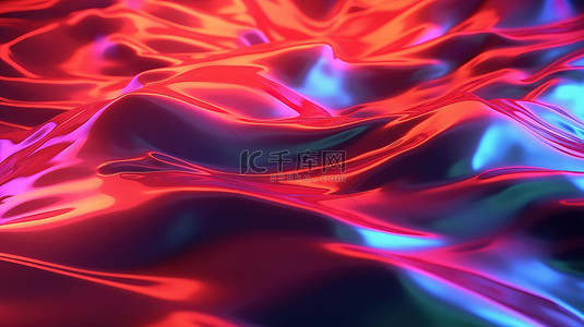 抽象形式的动态 3D 全息油表面，具有箔波和波纹效果，展示霓虹红和黑色光谱色调