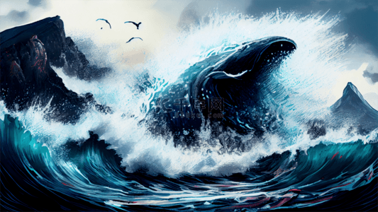海啸背景背景图片_大海巨浪鲨鱼蓝色背景