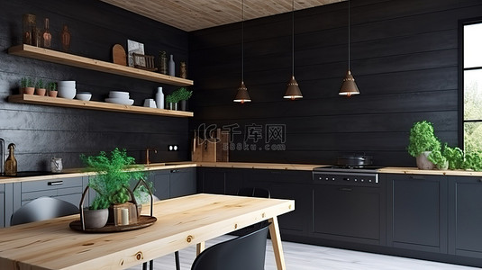 令人惊叹的斯堪的纳维亚厨房，采用优雅的 3D 黑色瓷砖设计