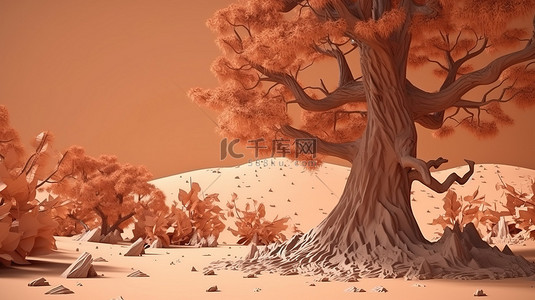 干树枝背景图片_秋季主题 3D 渲染卡通风格的干树，暖棕色