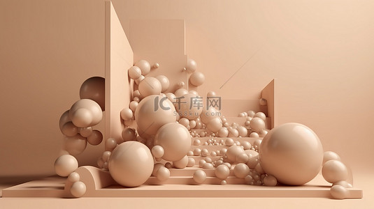 抽象设计与球体飞泡和空领奖台在 3d 呈现米色背景