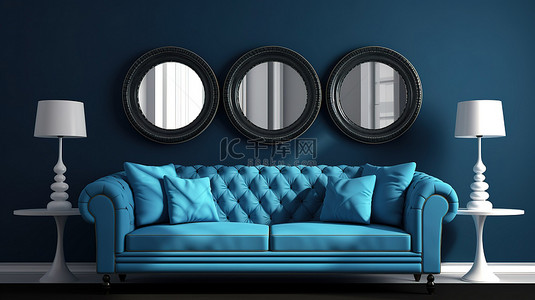 带蓝色沙发圆形灯和相框的现代客厅设计