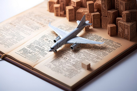英国伦敦邮票背景图片_飞机上的旅行和旅行者在带有飞机标题的打开的书上