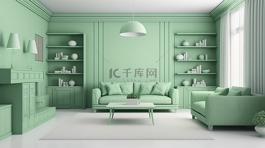 单色柔和的绿色房间内部与家具 3d 渲染