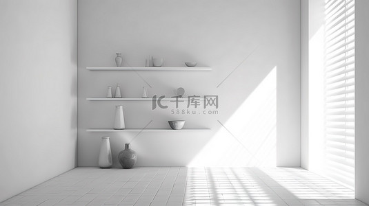 简约的白色房间，配有架子墙瓷砖地板和阳光照射的阴影 3D 渲染