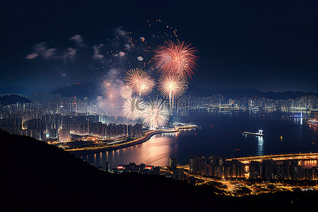 夜晚城市上空的烟花