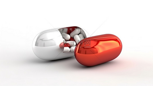 白色诊所背景图片_在白色背景上打开的红色和白色胶囊药丸的孤立 3D 渲染