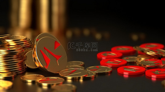 金融红色背景图片_3D 渲染金币和商业背景上的红色箭头