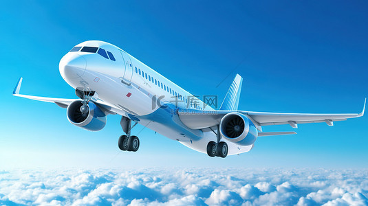 一架商用飞机翱翔在蓝天的 3d 插图